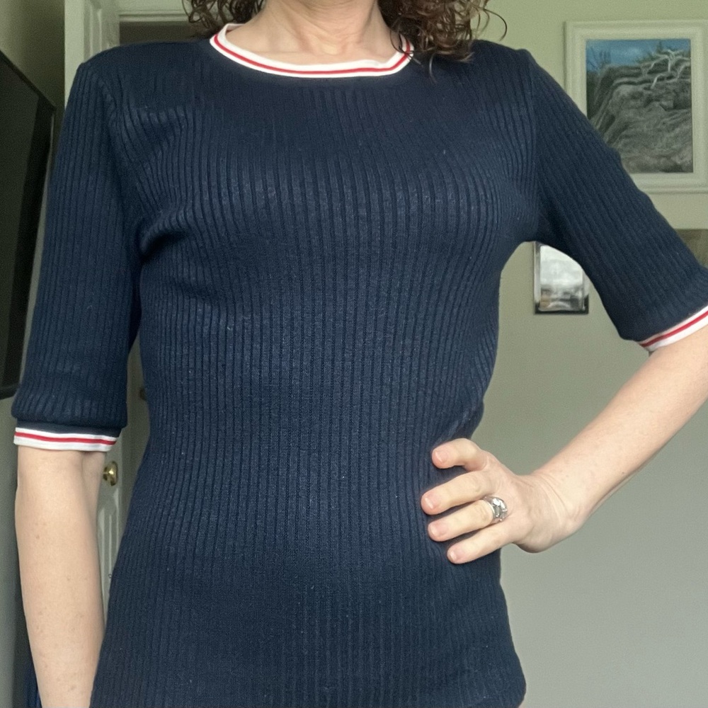 Navy Ribbed Knit Top with Red and White Trim